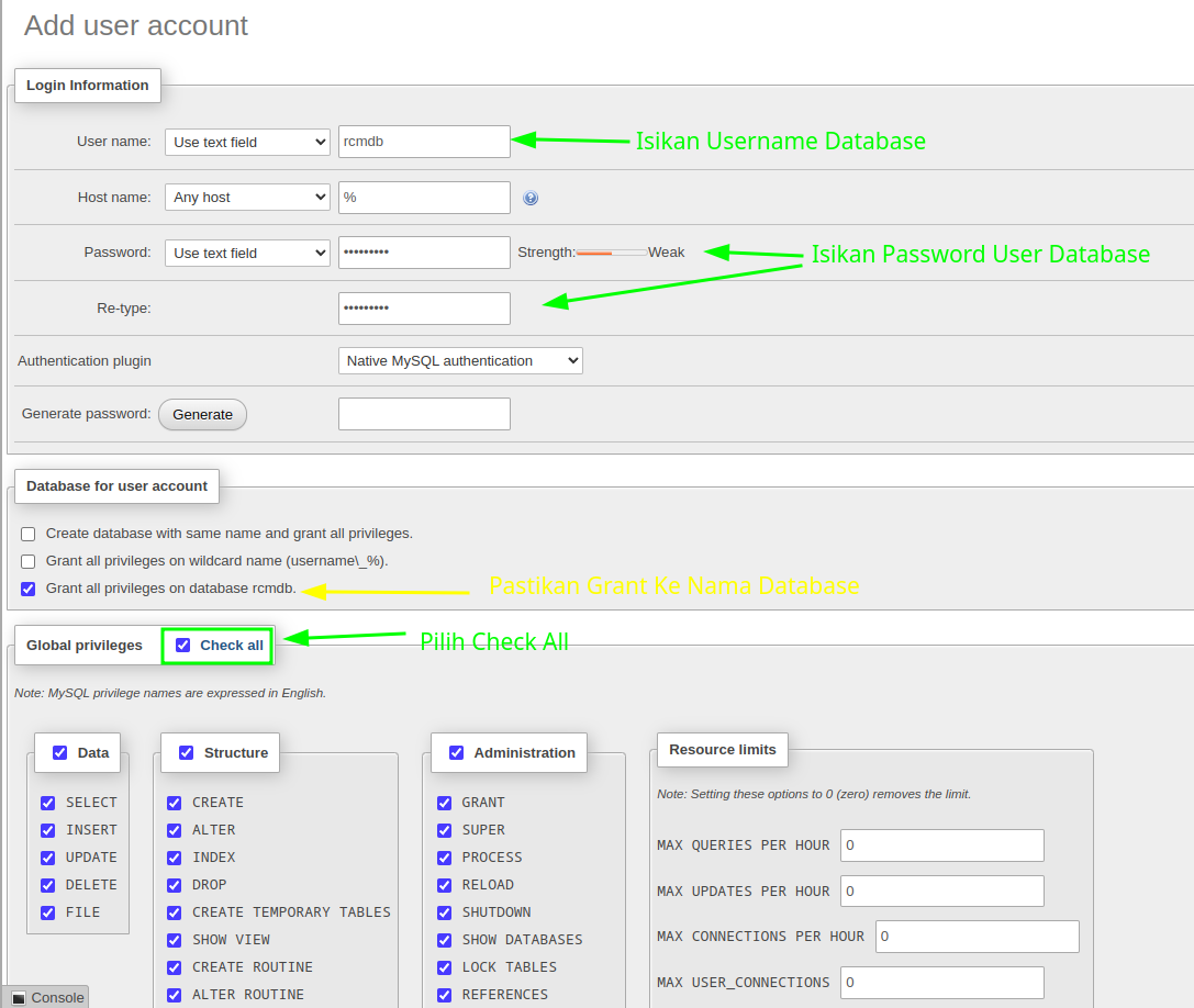 PhpMyAdmin New Database