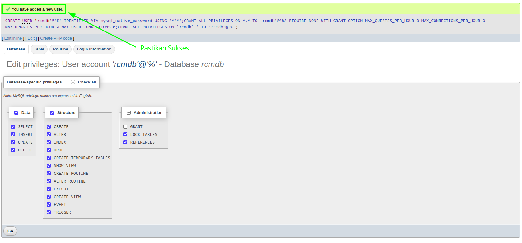 PhpMyAdmin New Database