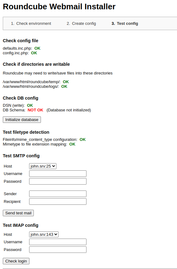 Roundcube Test Configuration Page