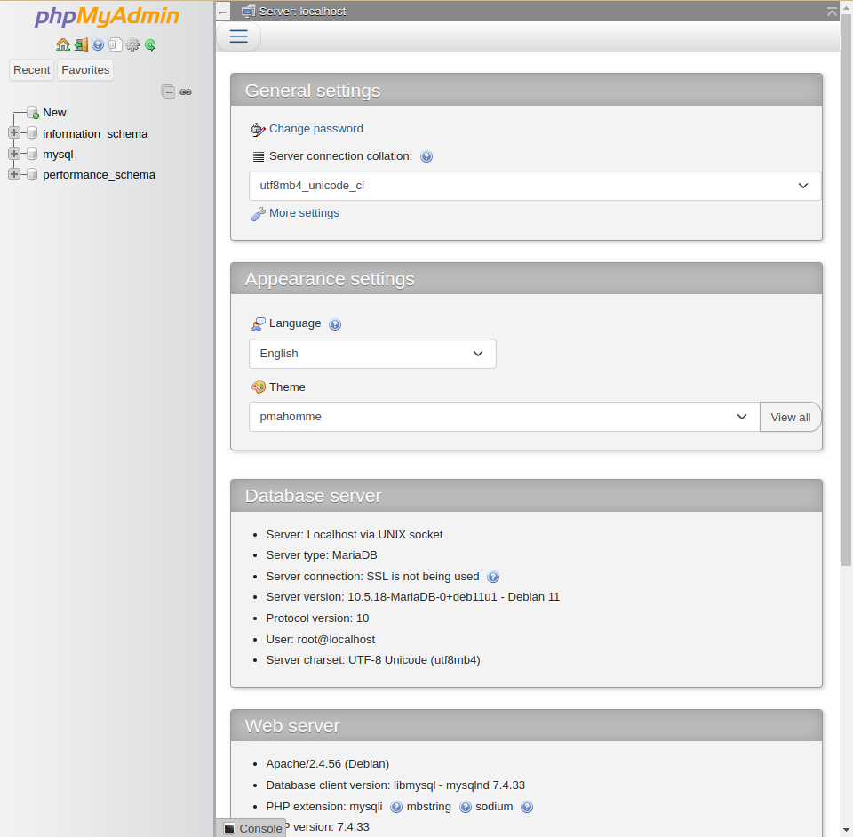 Dashboard phpMyAdmin